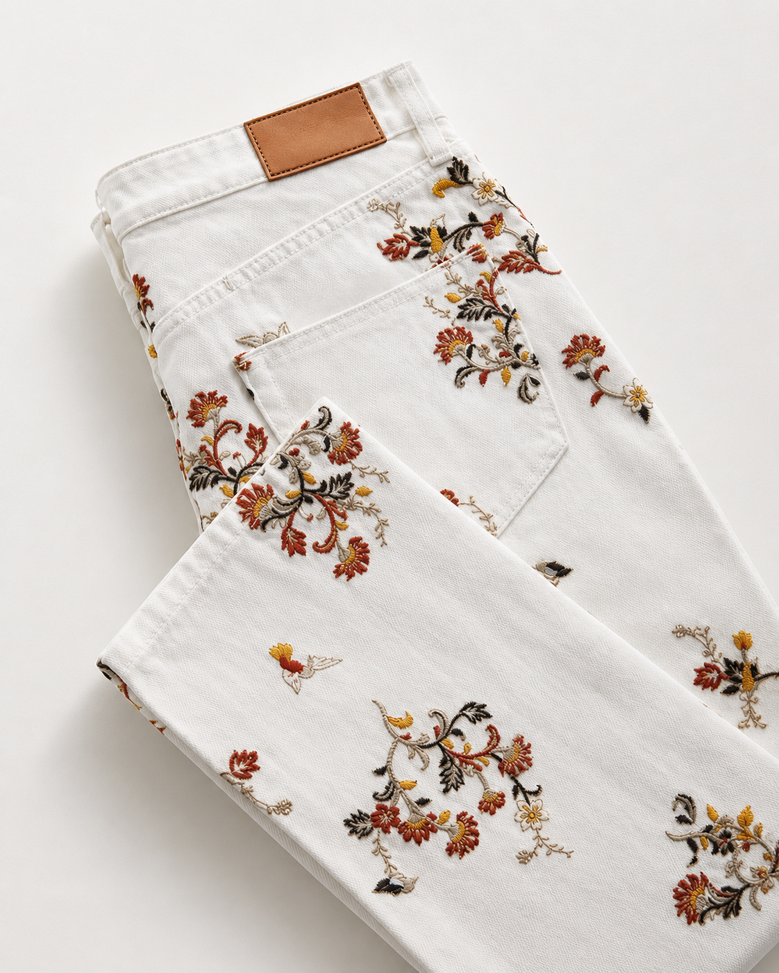 White denim autumn floral embroidery