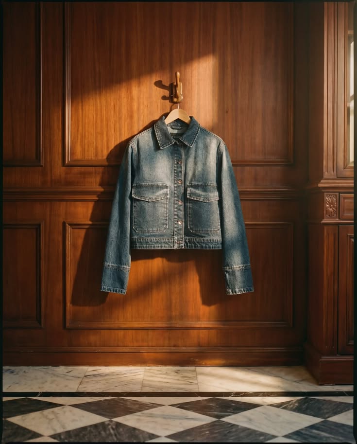 Denim jacket on wood panelling